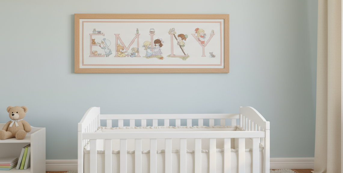 Graphic and pattern of the complete alphabet of 52 cross-stitch letters with designs for boys and girls