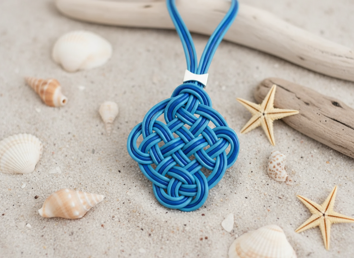 Leather sailor's knot necklace in two blues.