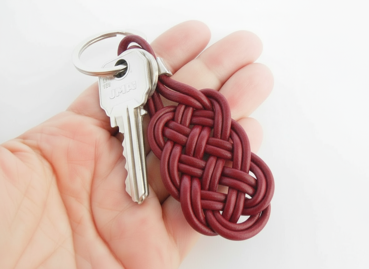 Llavero de cuero con nudo celta infinito de la prosperidad.