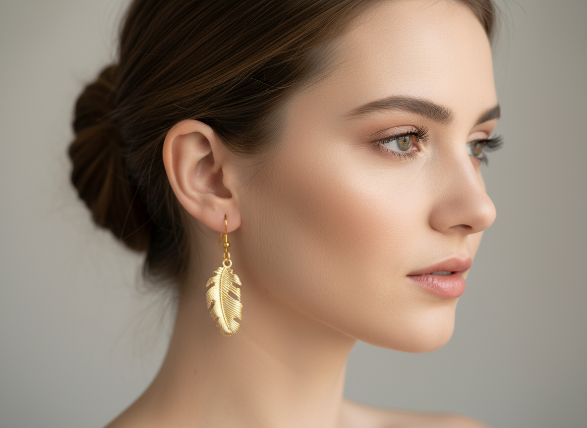 Boucle d'oreille dorée avec feuilles