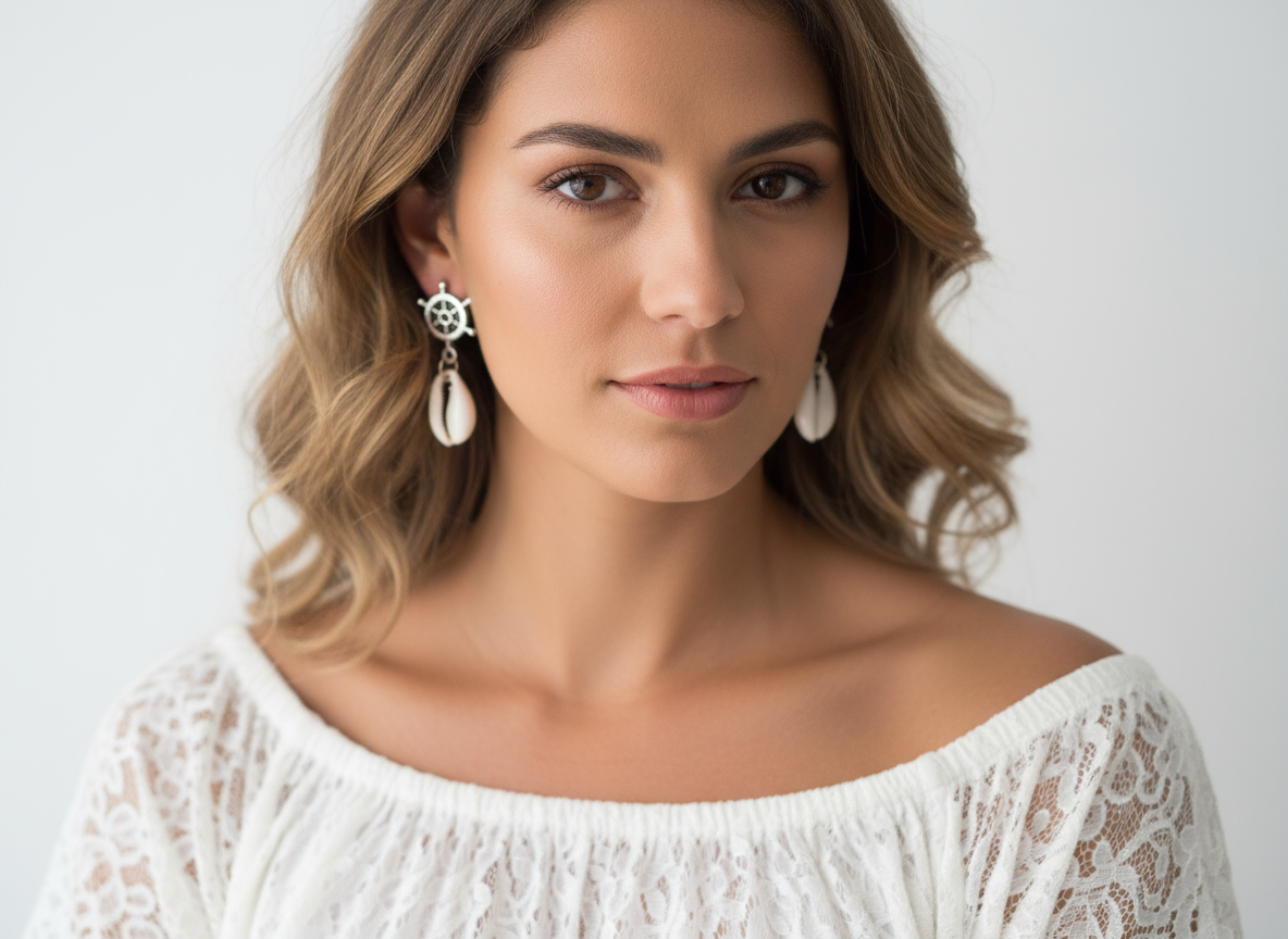 Boucle d'oreille avec coquillage et gouvernail