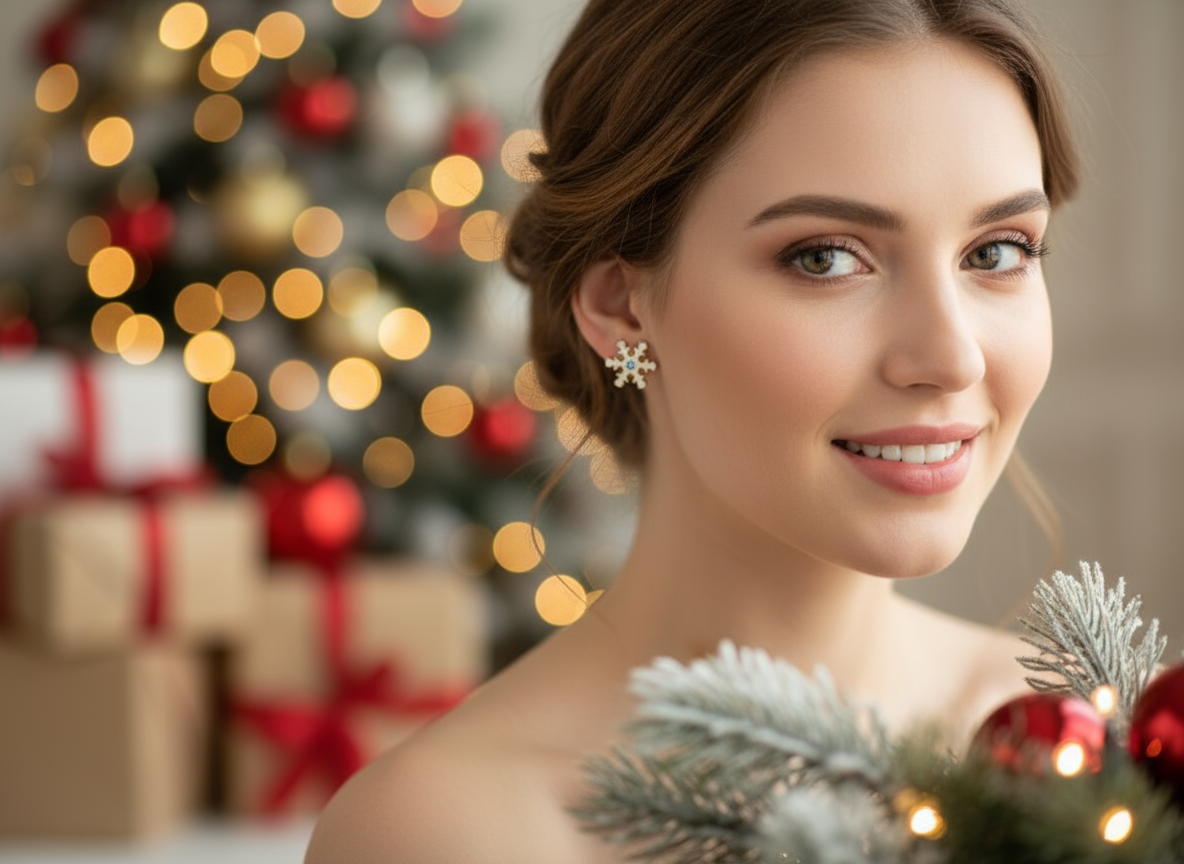 Pendientes de botón con adorno de copo de nieve, con cristal central en tonos azules.