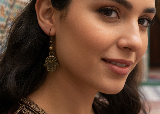 Pendiente con el símbolo de Hamsa o mano de Fátima en color bronce, es un amuleto protector de edición limitada