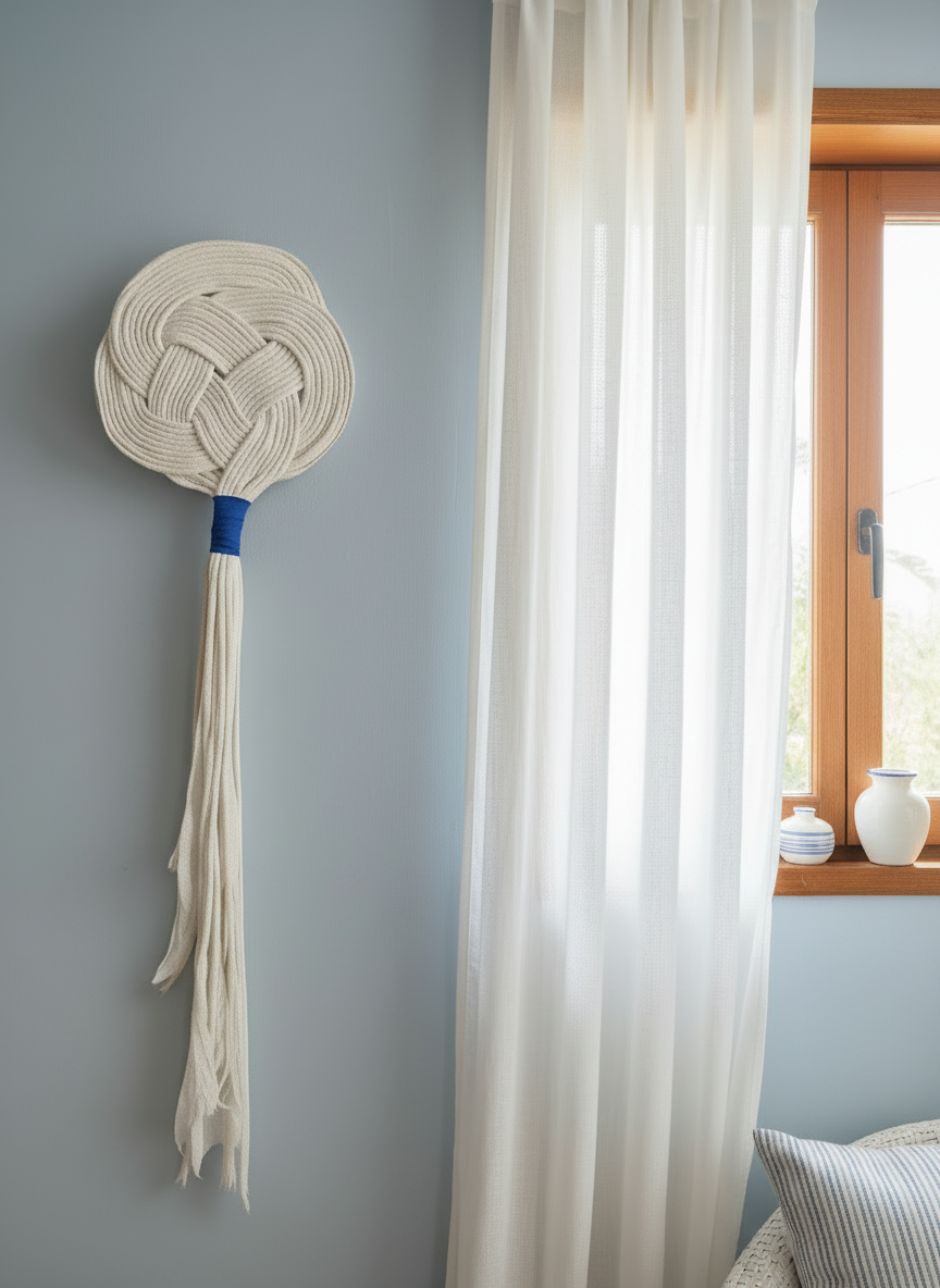 Tapiz de macramé para decoración de pared en color arena y toques de azul