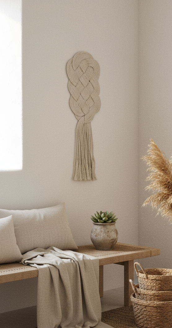 Tapisserie macramé nouée pour mur avec noeud celtique protecteur de la maison.