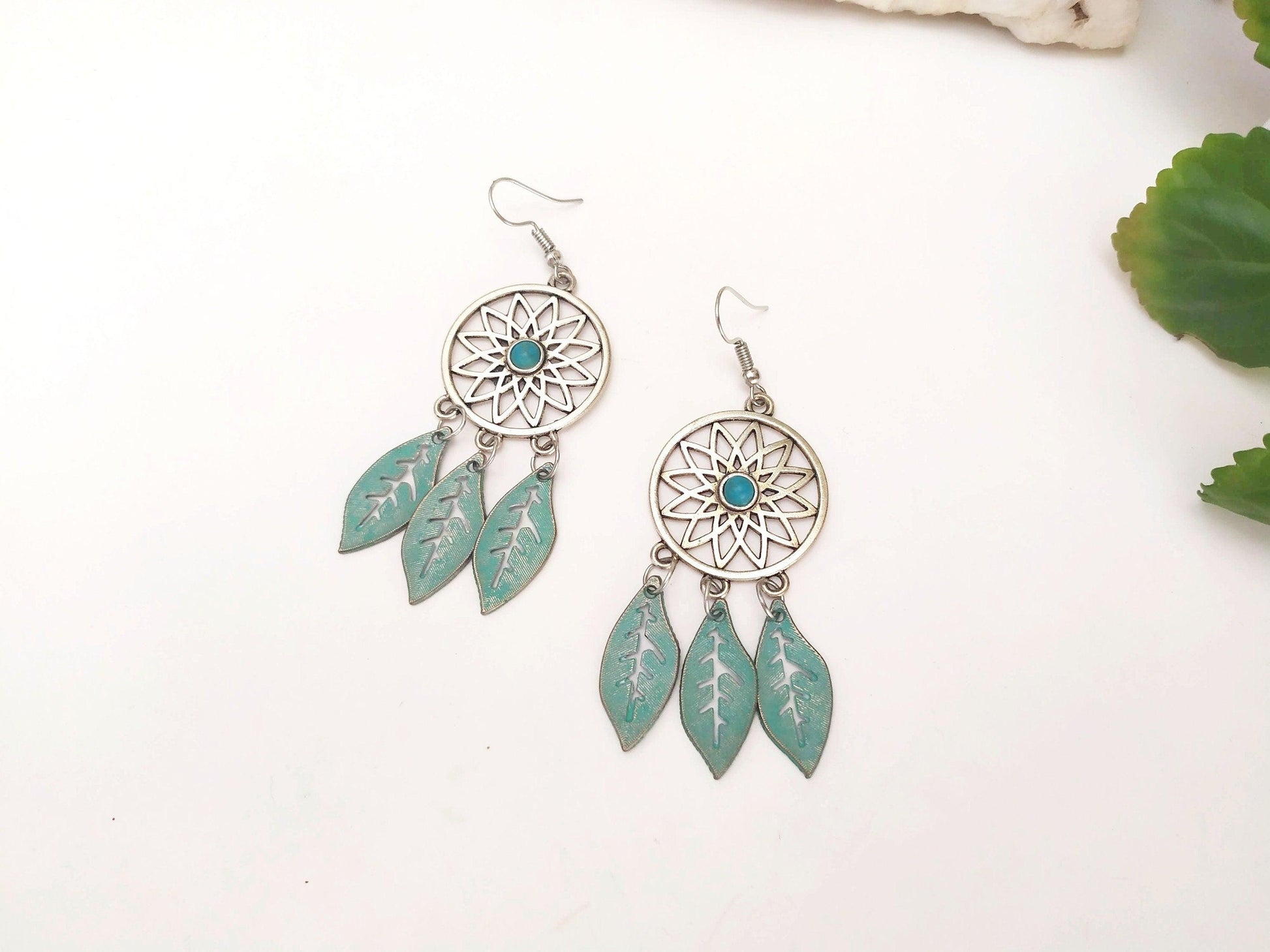 Pendientes  hojas turquesa bohemios