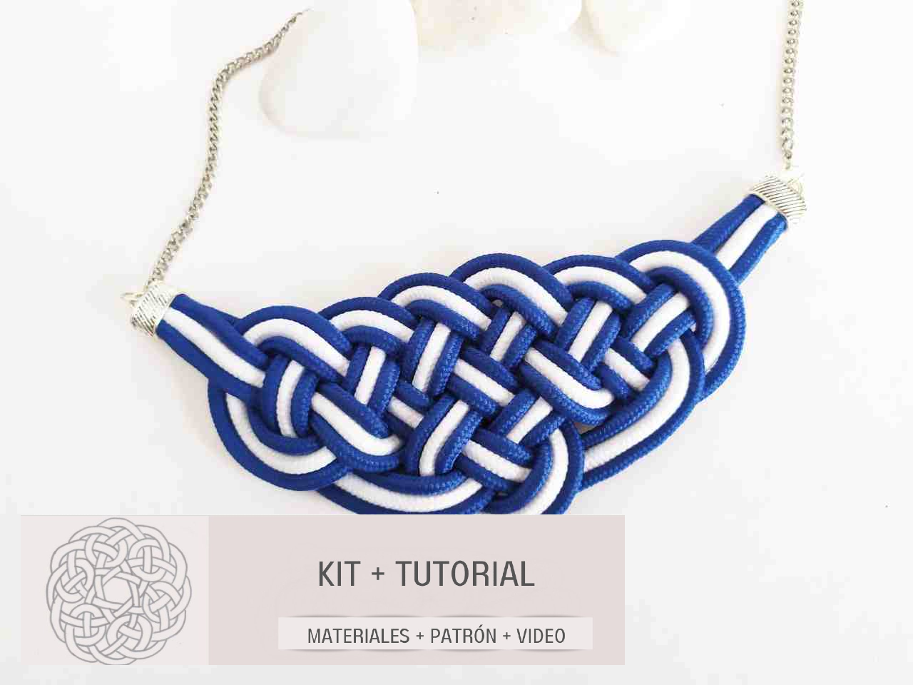 kit, materiales y tutorial para hacer collar de macrame. Raquel Jiménez Artesanía