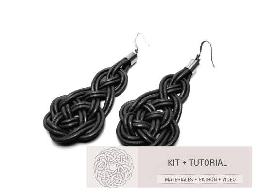 kit con materiales, tutorial y patrón para hacer pendientes de macramé en cuero. Raquel Jiménez Artesanía