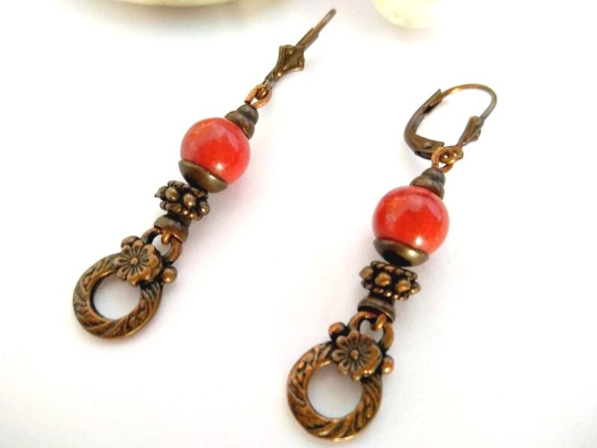 pendientes vintage bronce y rojo