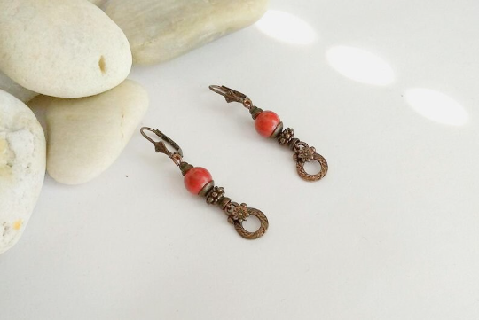 pendientes vintage bronce y rojo