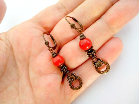 pendientes vintage bronce y rojo