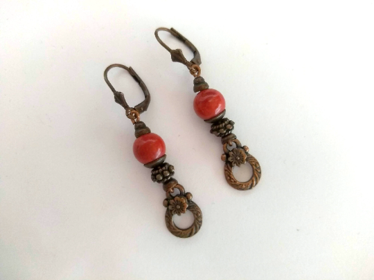 pendientes vintage bronce y rojo