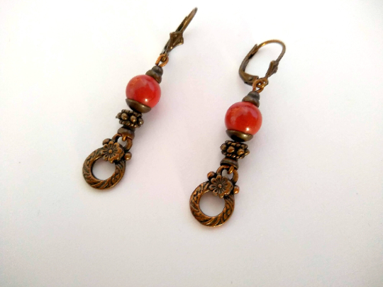 pendientes vintage bronce y rojo