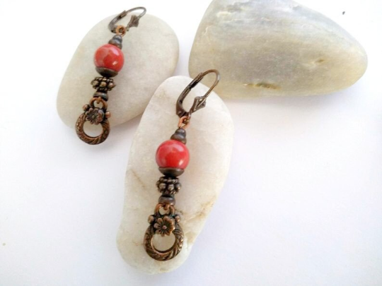 pendientes vintage bronce y rojo