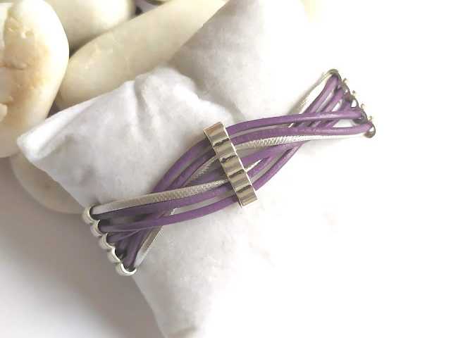 pulsera cuero morado y plata