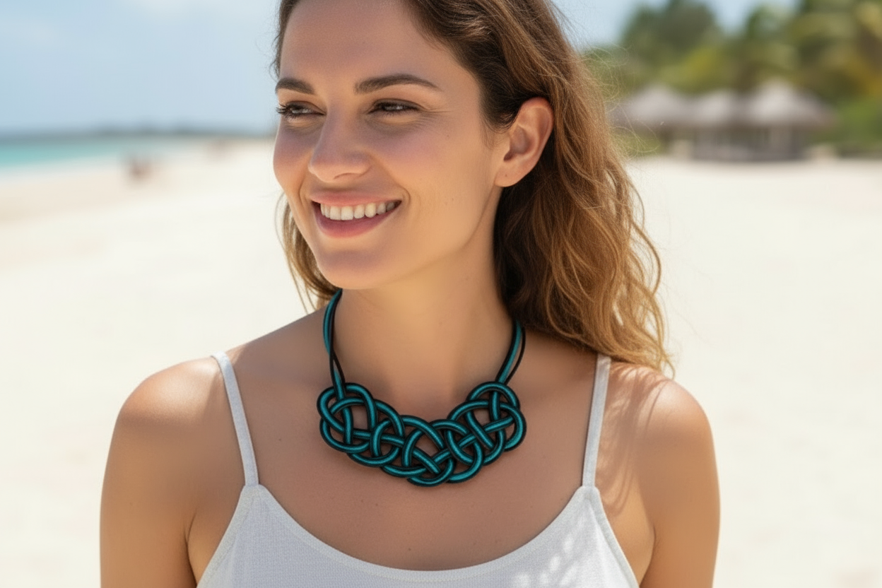 Collier noeud marin en cuir coloris bleu et noir