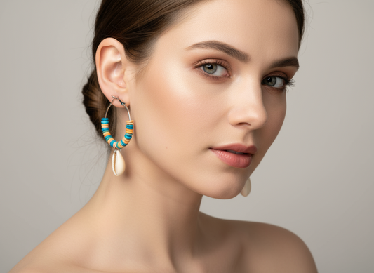 Pendientes aros  con caracolas marinas y nácar turquesa y coral