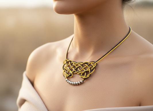 Collier en cuir noeud celtique jaune moutarde et marron