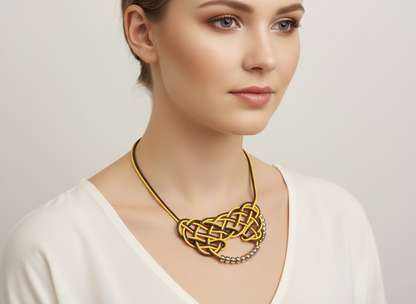 Mustard yellow and brown leather necklace with Celtic knot
