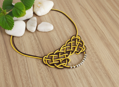 Mustard yellow and brown leather necklace with Celtic knot