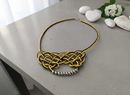Mustard yellow and brown leather necklace with Celtic knot