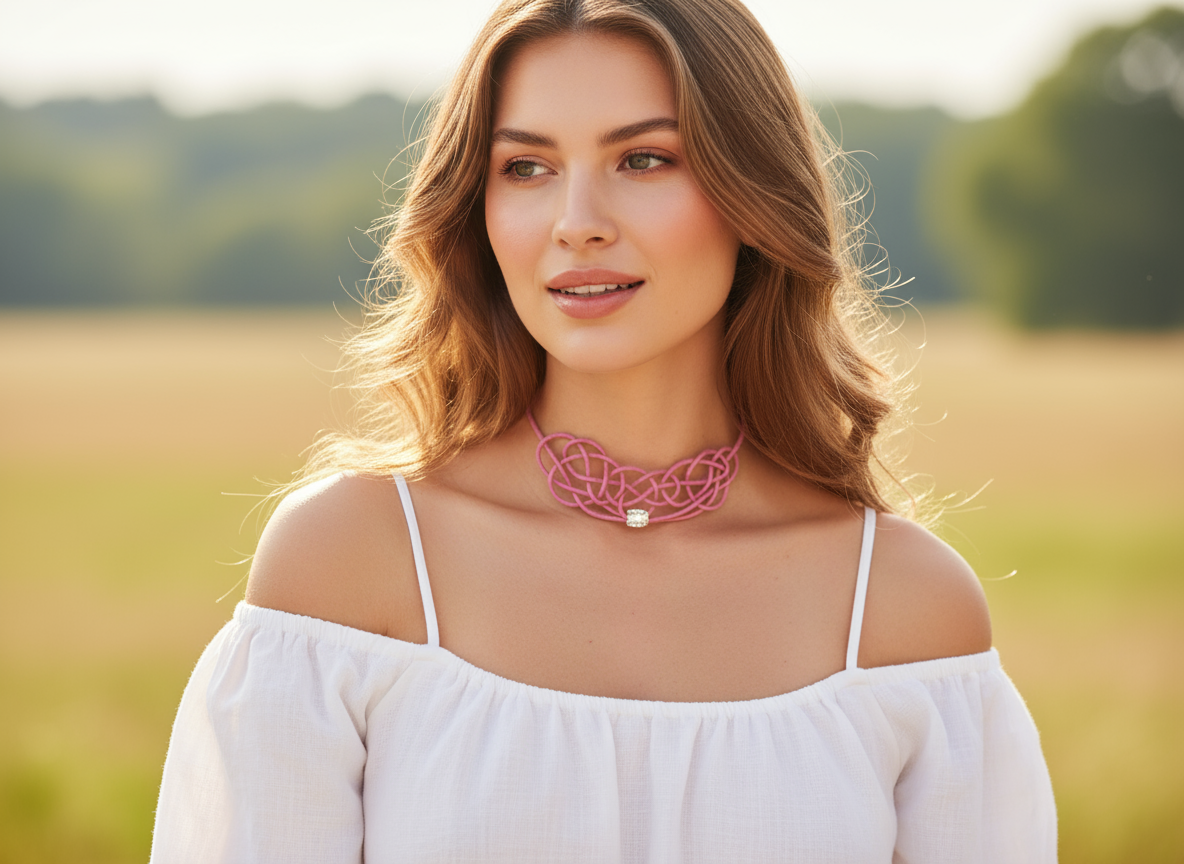 Collar de cuero rosa para mujer con nudos estilo contemporáneo