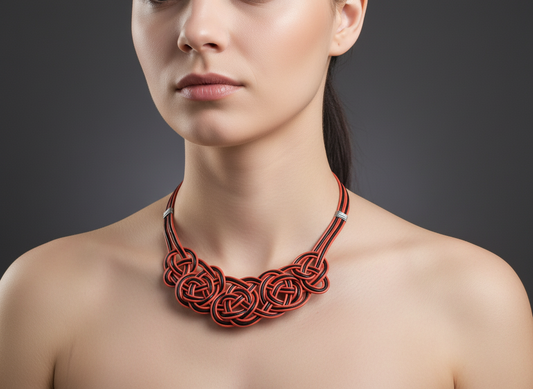 Collier noeud tressé en cuir rouge et noir