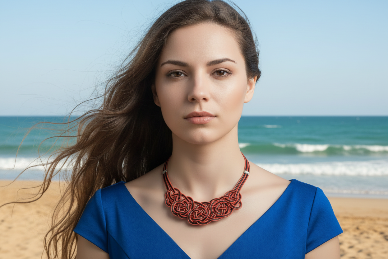 collar de cuero trenzado en colores rojo y negr