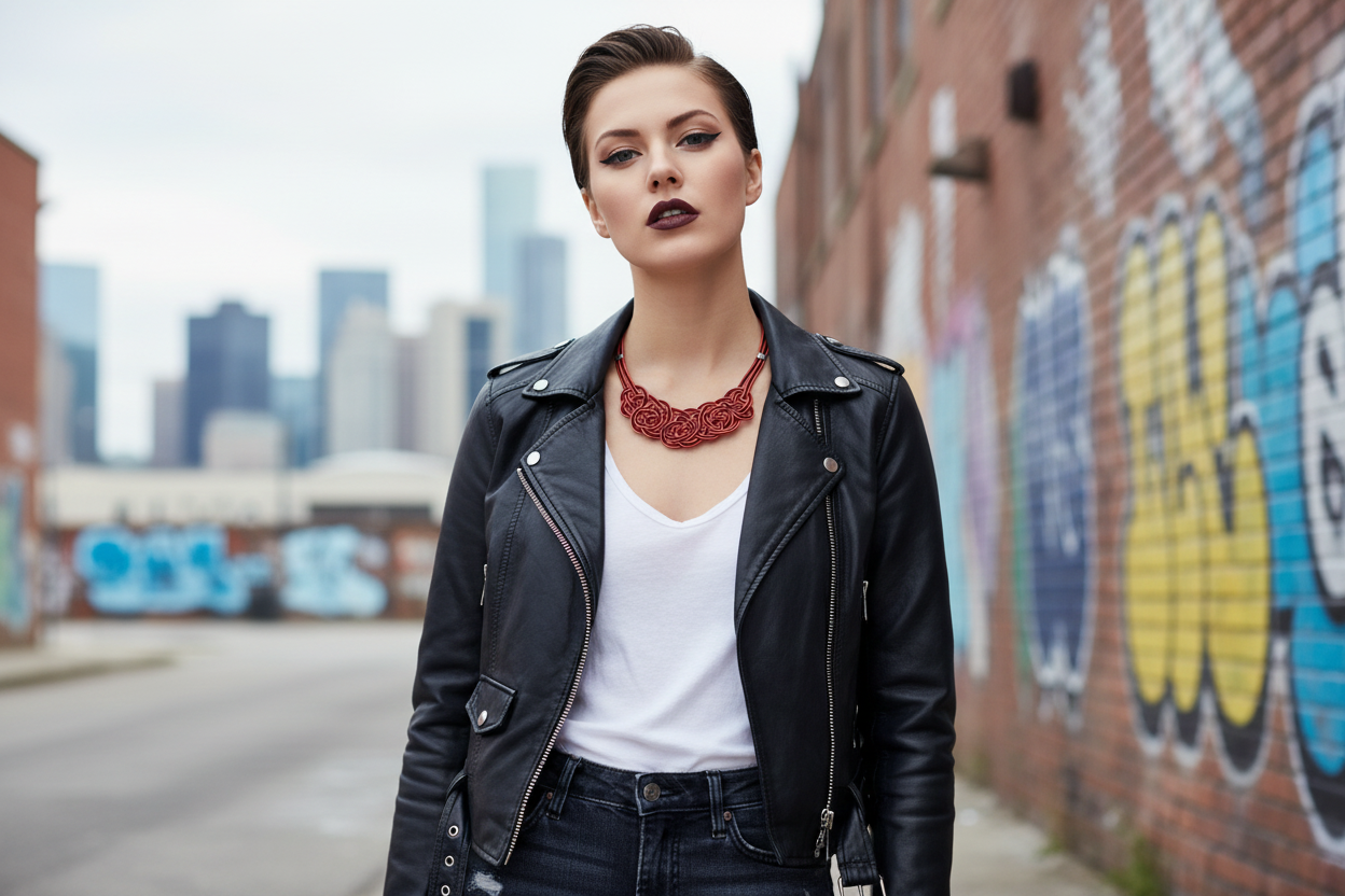 collar de cuero trenzado en colores rojo y negr