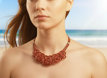 Braided knots necklace in red and black leather