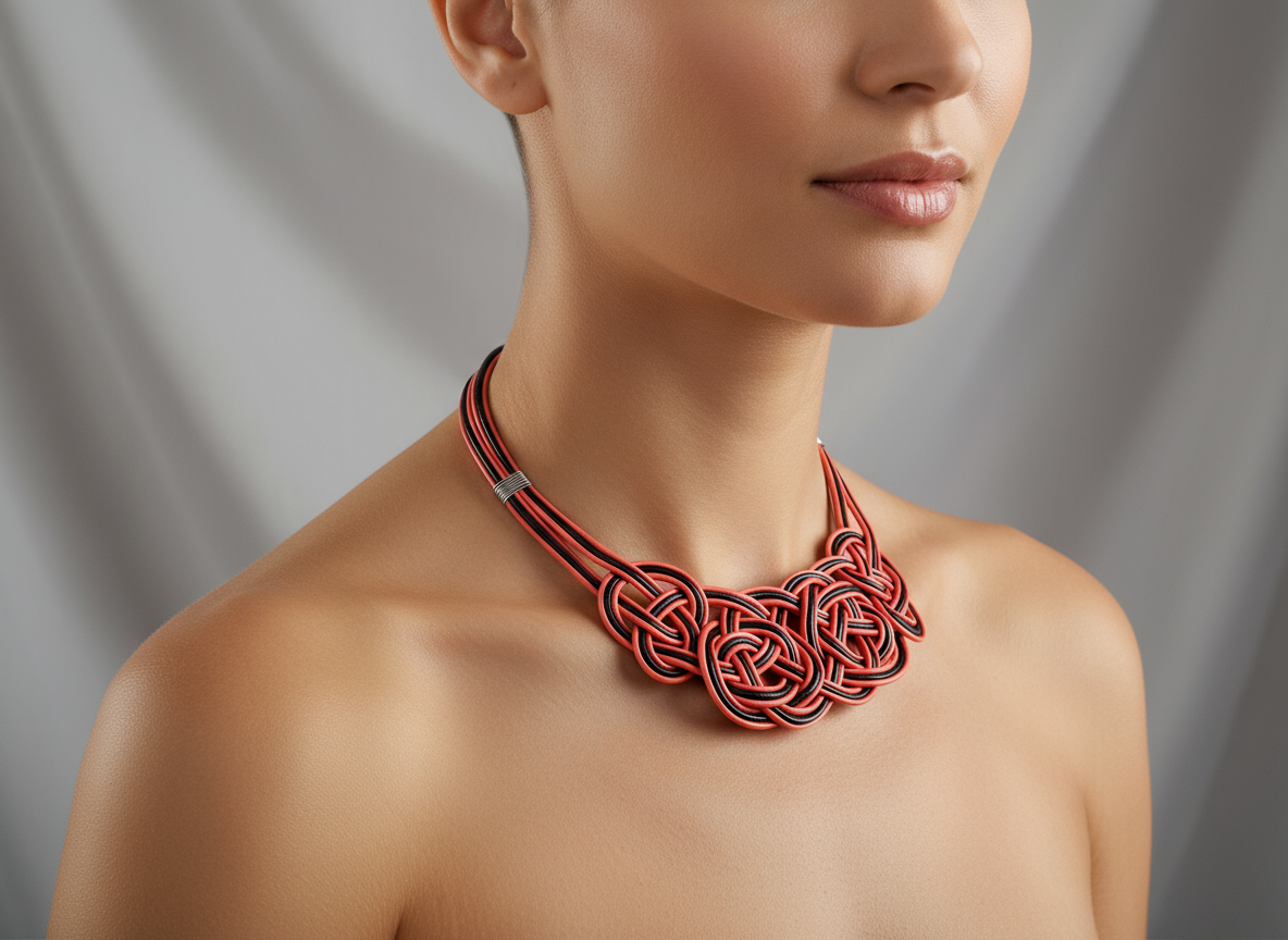 Braided knots necklace in red and black leather