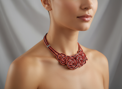 Braided knots necklace in red and black leather