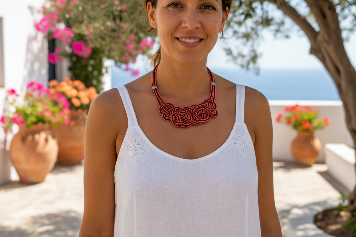 collar de cuero trenzado en colores rojo y negr