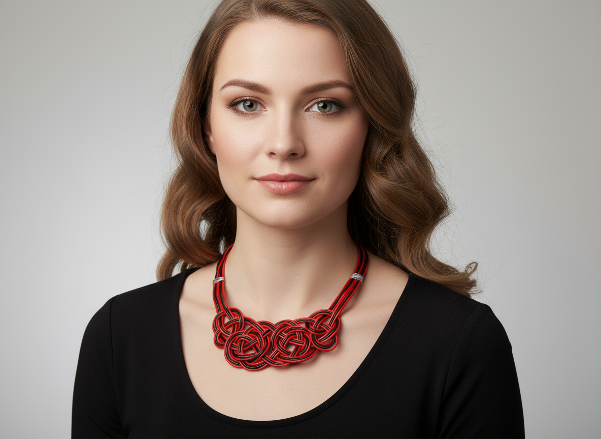 Braided knots necklace in red and black leather