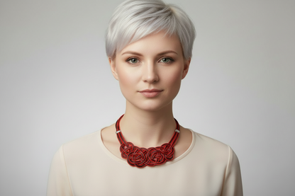 collar de cuero trenzado en colores rojo y negr