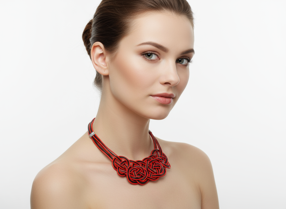 Braided knots necklace in red and black leather