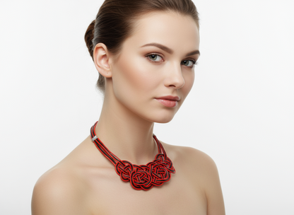Braided knots necklace in red and black leather