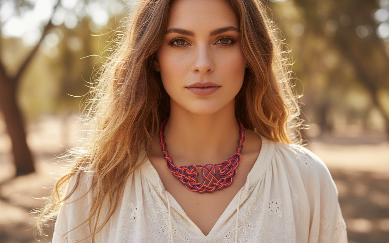 Collier avec nœuds en cuir tressés à la main