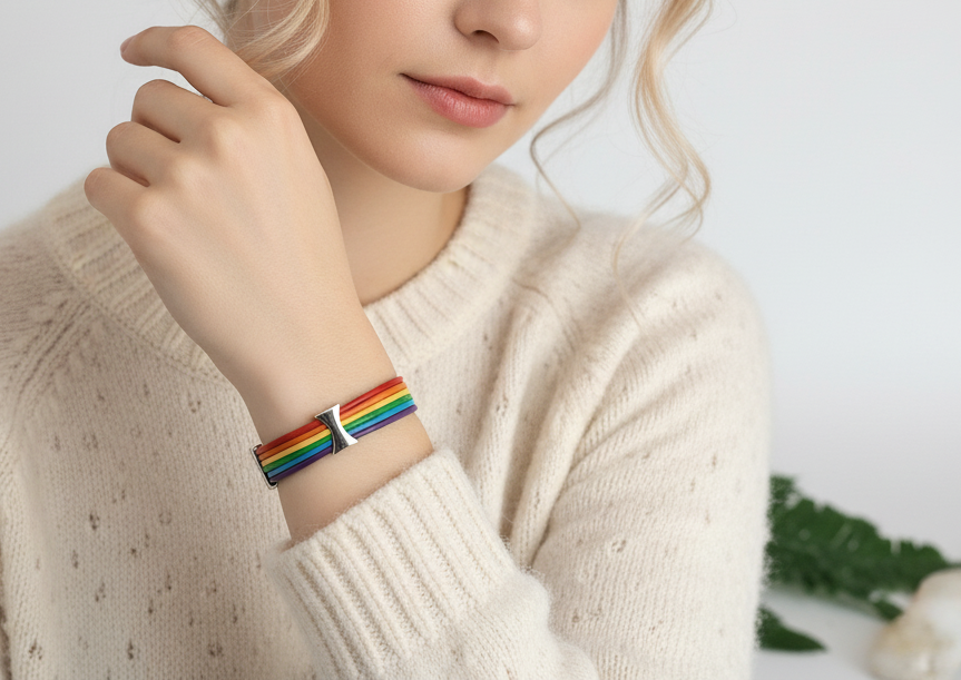Pulsera arco iris de cuero con cierre magnético 