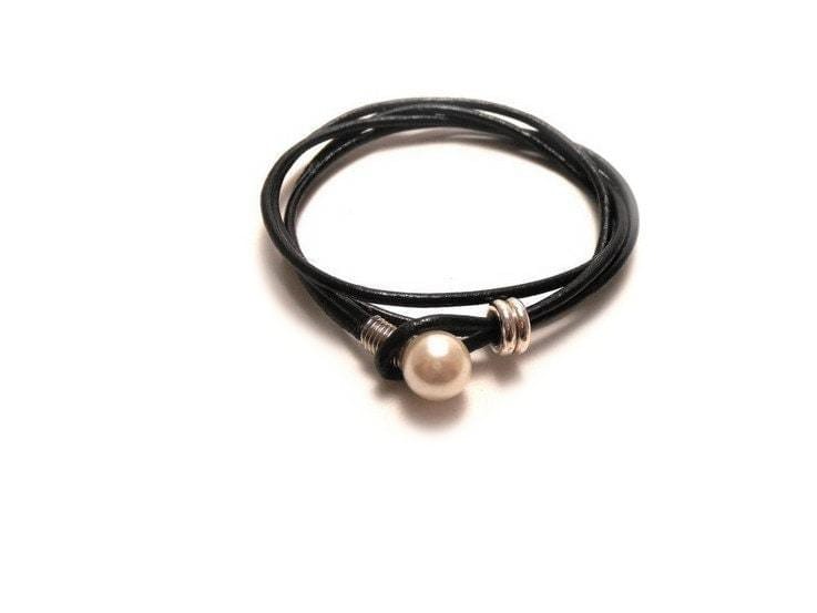 Double black leather bracelet with white pearl
