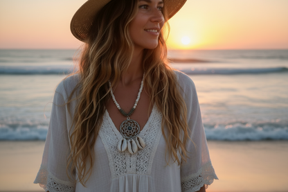 Collier avec pendentif attrape-rêves et coquillages de conques