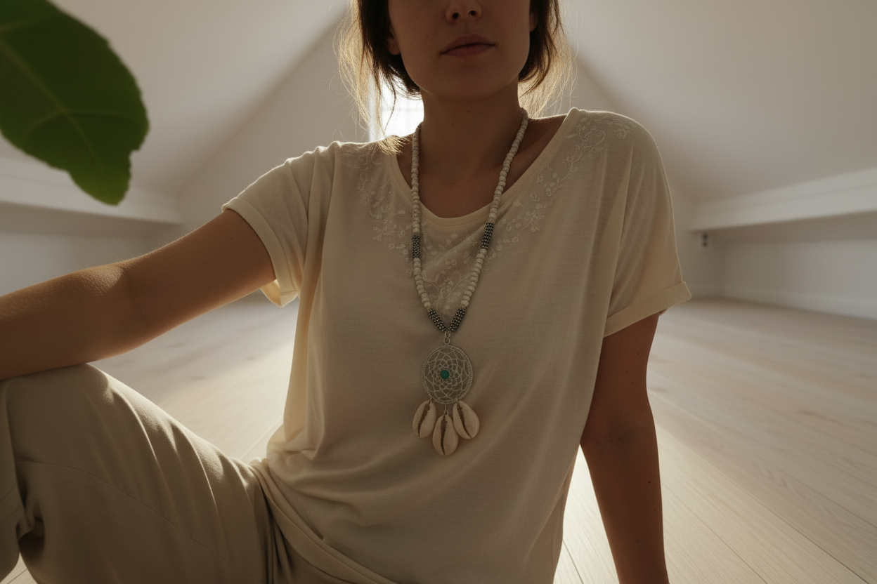 Collier avec pendentif attrape-rêves et coquillages de conques