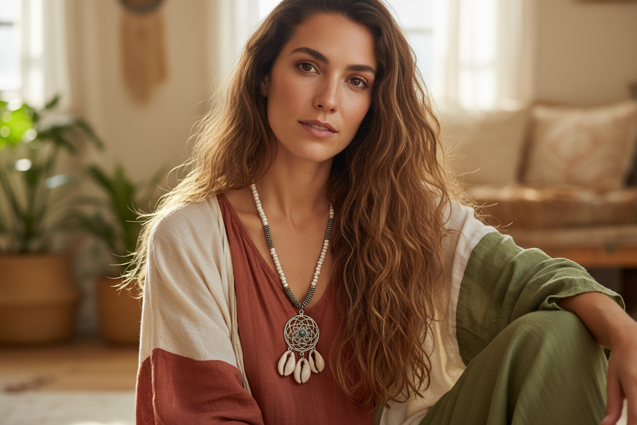 Collier avec pendentif attrape-rêves et coquillages de conques