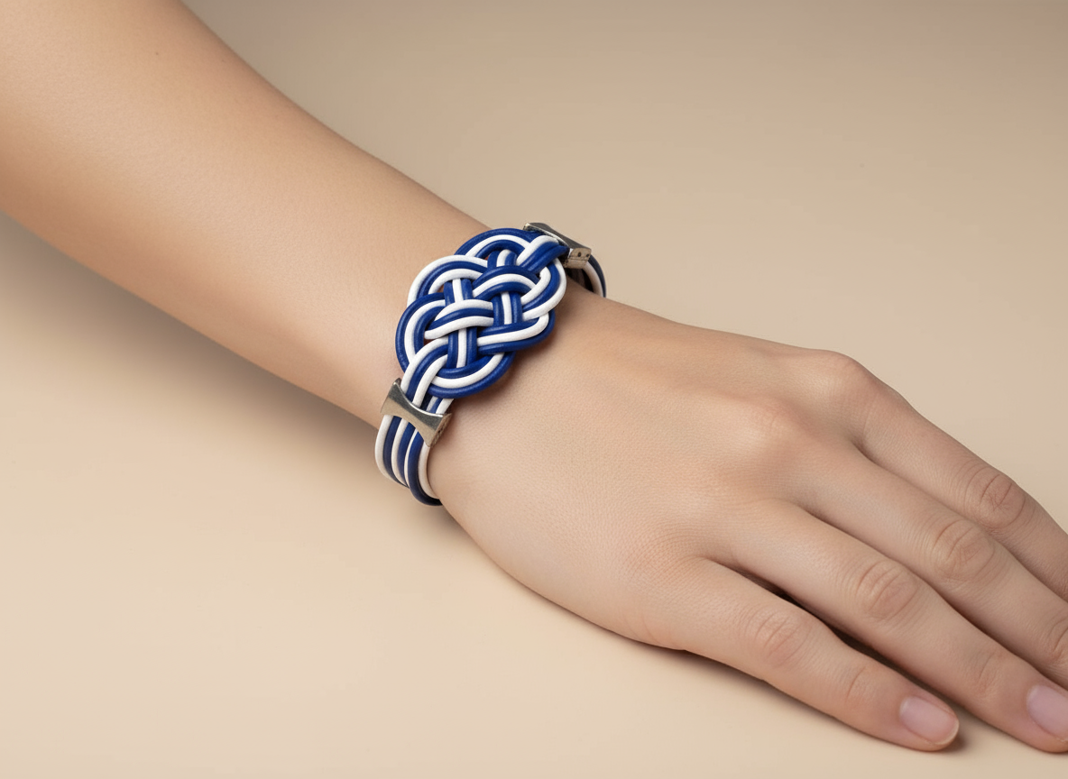 Pulsera con nudo marinero en cuero azul y blanco