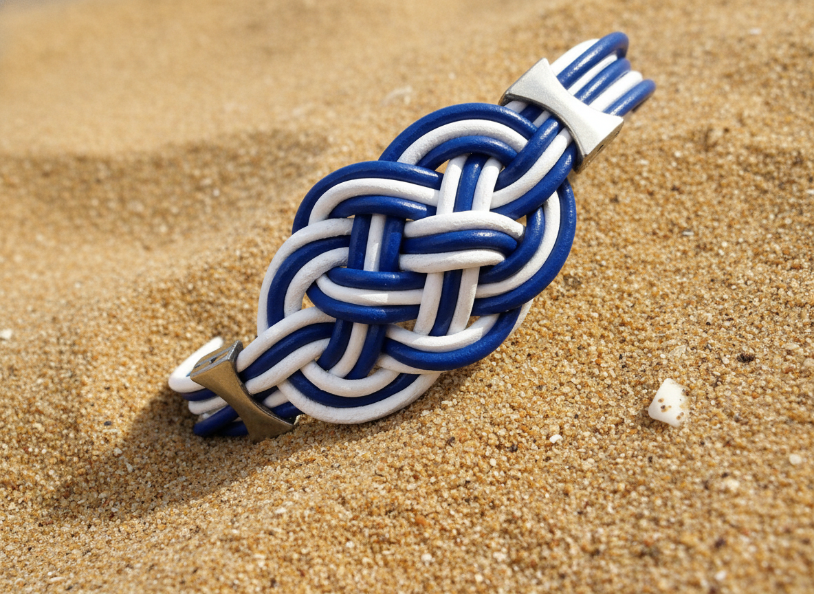 Pulsera con nudo marinero en cuero azul y blanco