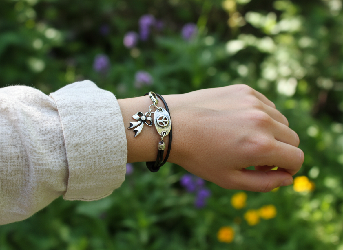 pulsera de cuero estilo hippie con simbolo de la paz . Raquel Jimenez  Artesanía