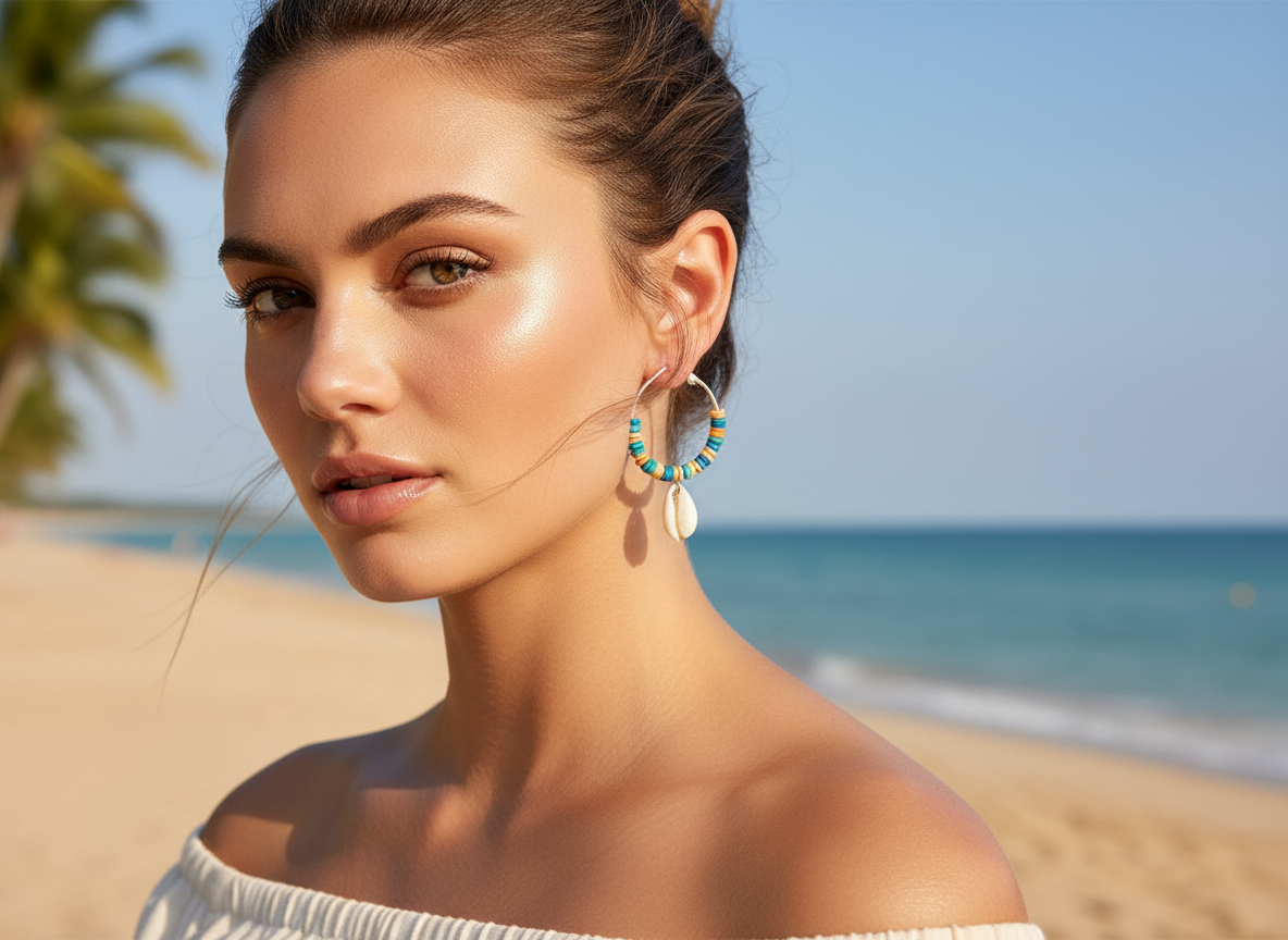 Pendientes nacar y turquesa con caracola natural 