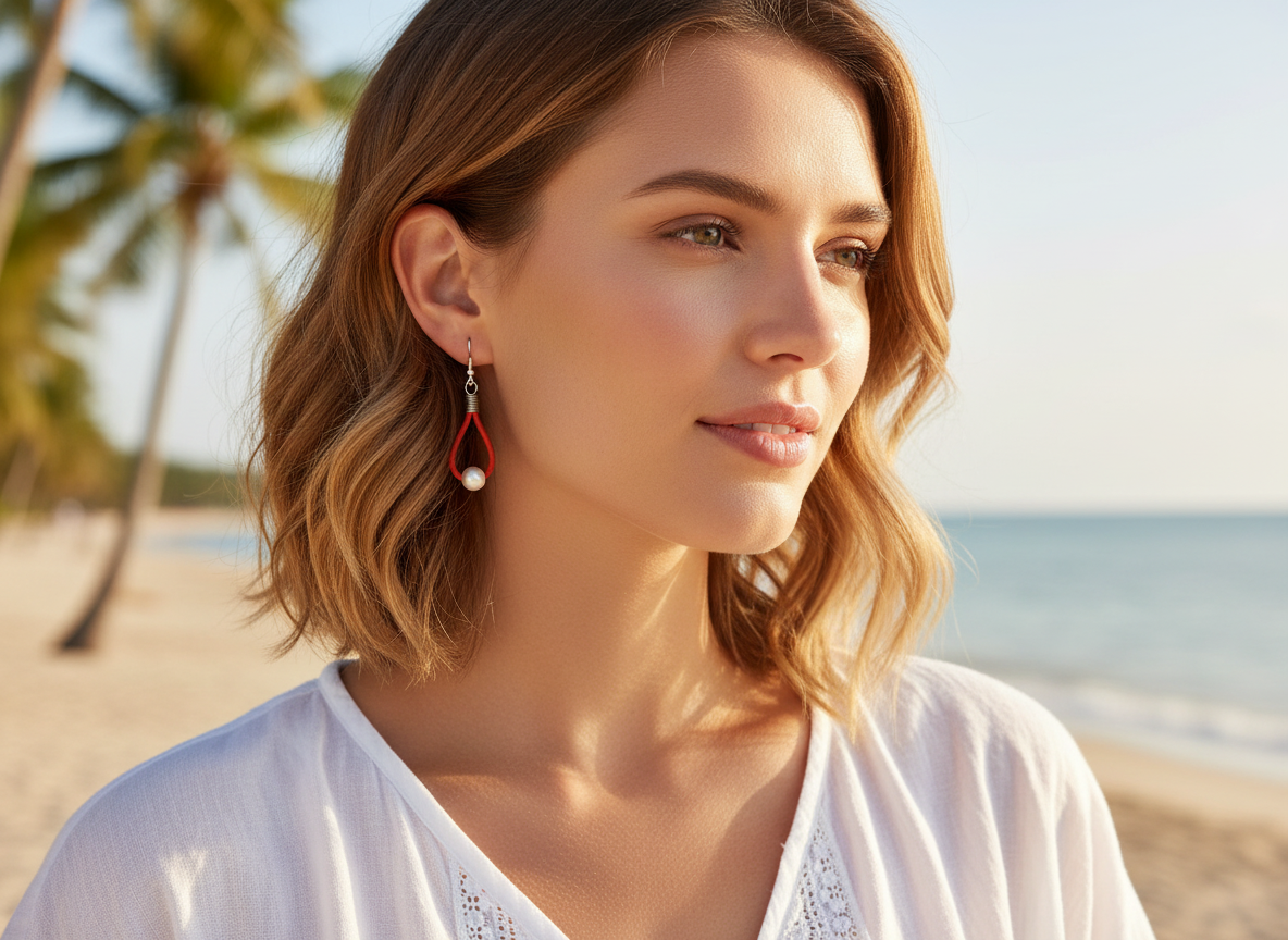 Pendientes de cuero y plata con perlas blancas