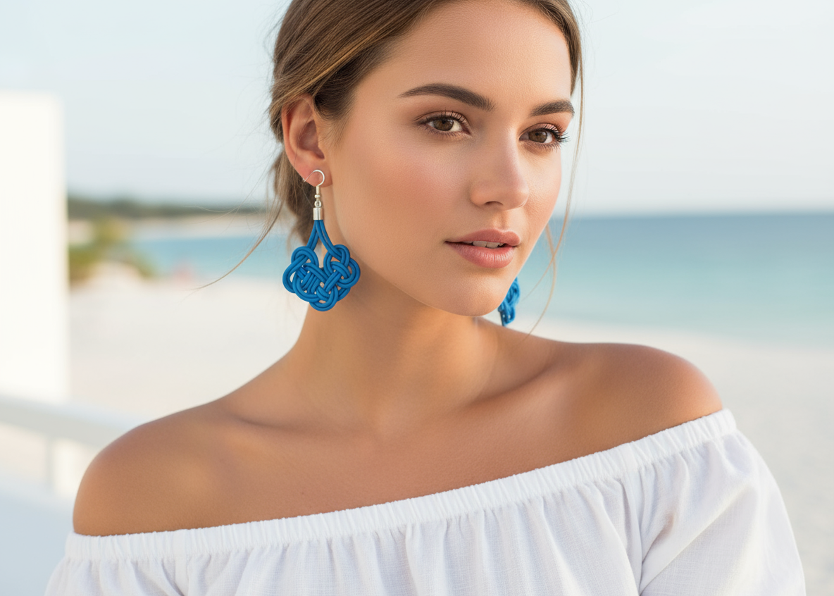 Pendientes de cuero nudo marinero azul