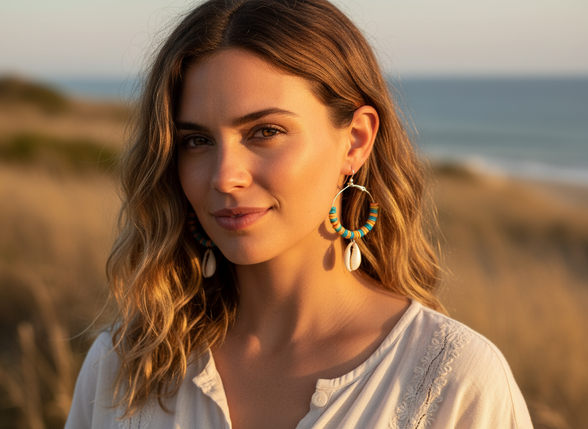 Pendientes nacar y turquesa con caracola natural 